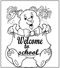 a bear holding a sign that says welcome to school with butterflies on it and the words welcome