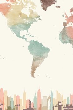 a map of the world with watercolors on it and buildings in the background