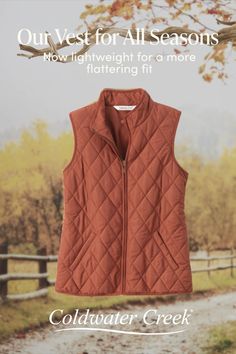 We've updated our lightweight quilted vest! You'll love the enhanced elastic at the back waist for shaping... and the new everyday length. Fall Fitted Vest For Everyday, Quilted Fitted Vest For Fall, Fitted Quilted Vest For Fall, Lightweight Quilt, In Between, Quilted Vest, September 2024, Coldwater Creek, Full Figured