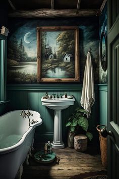 a bathroom with green walls and a painting on the wall above the bathtub is an old fashioned sink