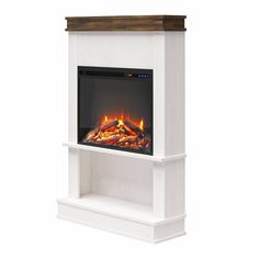 a white fireplace with an electric fire in the center and logs burning inside, against a white background