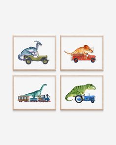 four framed pictures with dinosaurs and cars on them