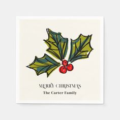 a christmas card with holly leaves and berries