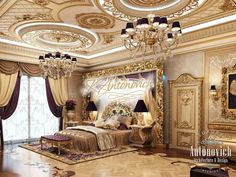 an ornate bedroom with chandelier, bed and curtains