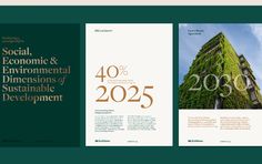 two brochures with green plants on the front and back covers, one showing an image of a building