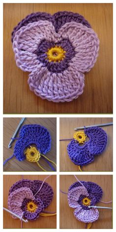 crocheted flowers are shown in four different pictures, one is purple and the other is yellow