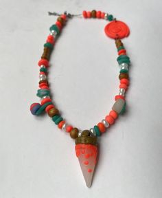 kidcore mixed media necklace on etsy Amulet Style Wooden Beaded Necklace As Gift, Wooden Beads Amulet Necklace As A Gift, Amulet Style Wooden Beaded Necklace For Gifts, Amulet Style Wooden Beaded Necklaces For Gifts, Wooden Beads Amulet Necklace For Gift, Unique Colorful Beads Choker, Orange Beaded Dangle Necklaces, Orange Beaded Amulet Jewelry, Glass Heart Beads Necklaces