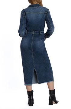 Rock a modern casual-cool vibe in this denim maxi designed with plenty of pockets and feathery frayed trim. 49" length Spread collar Long sleeves 95% cotton, 4% polyester, 1% spandex Machine wash, tumble dry Imported Denim Dress With Frayed Hem For Fall, Long Sleeve Dark Wash Denim Dress With Frayed Hem, Dark Wash Denim Dress With Frayed Hem For Fall, Blue Denim Dress With Frayed Hem For Fall, Chic Dark Wash Denim Dress With Frayed Hem, Fall Denim Dress With Frayed Hem And Long Sleeves, Fall Long Sleeve Denim Dress With Frayed Hem, Long Sleeve Denim Dress With Frayed Hem, Maxi Design