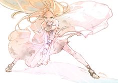 a drawing of a woman in a pink dress with long blonde hair flying through the air