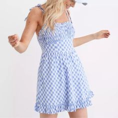 Nwt Aerie Blue Checkered Dress Size Small Light Blue Casual Dress For Picnic, Casual Light Blue Dress For Picnic, Blue Sundress For Picnic, Blue Sundress For Spring Picnic, Blue Cotton Sundress For Picnic, Blue Checkered Dress, Soft Dresses, Skort Dress, Tie Dye Jumpsuit