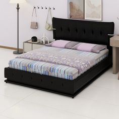 a bed sitting on top of a white tiled floor