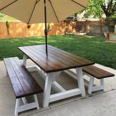 a picnic table with an umbrella over it