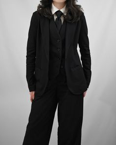 Womens Black Suits, Women In Suits Homecoming, Black On Black Suit Women, Suit And Tie For Women Aesthetic, Black Suit Vest Women, Black Three Piece Suit Women, Women Is Suits Prom, Prom Ideas Suits Women, Masc Women Hoco Outfits