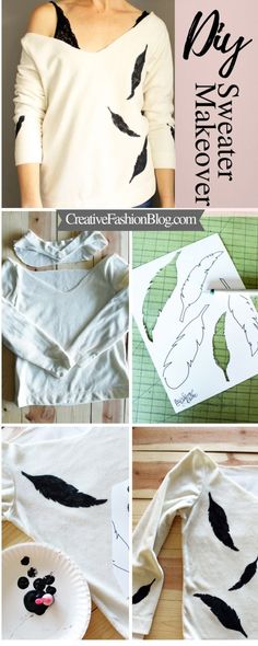 the instructions to make an easy diy sweater with black and white feathers on it