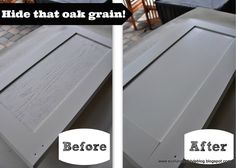 the before and after pictures show how to paint an old cabinet door with white chalk