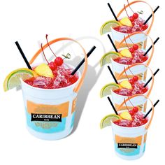 four buckets filled with drinks and garnished with lemon slices, cherries, and lime wedges