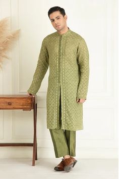 Shop for Priyanka Jain Green Leaf Pattern Jacquard Kurta Set for Men Online at Aza Fashions Kurta Cotton, Silk Pant, Cotton Kurta, Silk Pants, Kurta Set, Jacquard Weave, Lace Panelled, Full Sleeves, Green Leaf