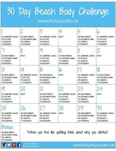 the 30 day beach body challenge is shown in blue and white with numbers on it