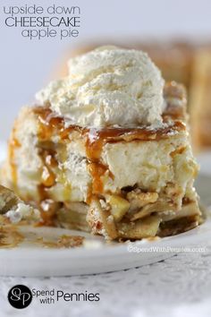 a close up of a piece of cake on a plate with ice cream and caramel