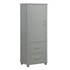 a tall gray cabinet with two drawers and wheels on the bottom shelf, against a white background