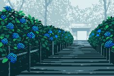 a pixel art scene with blue flowers and trees