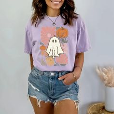 Boho Floral Fall Shirt, Retro Floral Ghost Shirt for Women, Cute Fall Teacher T-shirt, Spooky Season Comfort Colors Pumpkin Shirt, Gift - Etsy Casual Fall Shirt With Cartoon Print, Casual Printed Shirt For Halloween, Purple Cotton Tops With Cartoon Print, Spooky Short Sleeve Cotton Shirt, Casual Purple T-shirt For Fall, Spooky Cotton Short Sleeve Shirt, Halloween Printed Cotton Top, Printed Cotton Halloween Tops, Spooky Cotton Tops With Funny Print