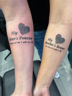 two people with matching tattoos on their arms, one has a fingerprint and the other has a heart