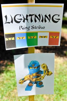 a sign that says lightning ring strike with pictures of legos on the front and back