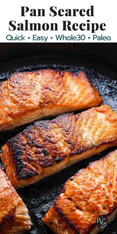 pan seared salmon in a skillet with text overlay