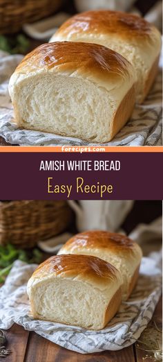 two pictures of bread on top of each other with the words, amish white bread easy recipe