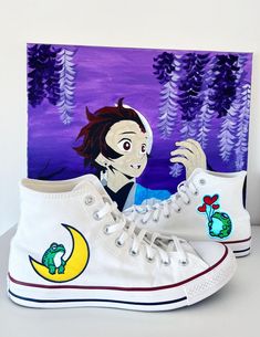 Custom White Converse shoes that have a sewn on patch. Made custom to your size upon ordering. Custom White Converse, Converse Y2k, White Converse Sneakers, Converse 70, White Converse Shoes, Converse Custom, Vintage Anime, Taylor White, White Converse