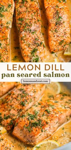 lemon dill pan seared salmon in a skillet