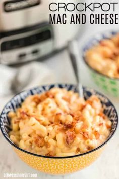 two bowls filled with macaroni and cheese next to an instant pressure cooker