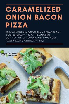 an advertisement for a pizza with bacon and green toppings