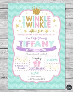 Twinkle Twinkle Little Stars Personalised Invitation - Digital or Printed - Ship Worldwide! Visit www.lollipoppartysupplies.com.au Princess Invite, Stars Invitation, First Birthday Card, Pretty Invitations, Simple Birthday Decorations, Twins Birthday, First Birthday Cards