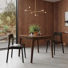 a dining room table with two chairs and a plant on it in front of a sliding glass door