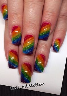 Acrylic rainbow nails All acrylic, all 60 stripes of them :) Simple Rainbow Nails, Neon Rainbow Nails, Rainbow Nails Acrylic, Nail Designs Toenails, Rainbow Nail Art Designs, Nail Cat, Nails Rainbow, Pride Nails