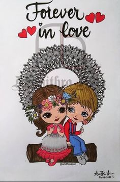 a drawing of two children sitting on a tree branch with the words forever in love