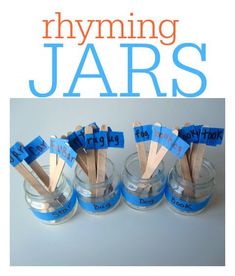 four jars with toothpicks in them that say rhyming jar's