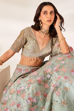 Buy Green Organza Embroidery Sequin V Neck Juliet Floral Bridal Lehenga Set For Women by Studio Iris India Online at Aza Fashions. Vacuum Storage, Indian Wedding Wear, Embroidered Organza, Half Sleeve Blouse