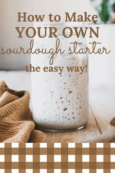 a jar filled with white stuff sitting on top of a wooden table next to a brown and white checkered cloth