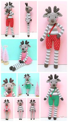 there are many different pictures of stuffed animals wearing pajamas and stockings, one is dressed as a reindeer