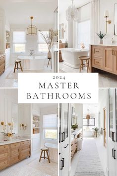 Beautiful bathroom trends for 2024, with decor ideas and designer inspiration for master bathrooms, powder rooms, vanity cabinets, color trends, lighting, small bath ideas, mixed metals, and more Hardwood In Master Bath, Shower And Tub Bathroom Ideas, Bath Tub Remodel Ideas, Primary Bath Remodel, Bathroom Tile Floor Ideas Master Baths, Romantic Master Bath, Ensuite Flooring, Farmhouse Glam Bathroom, Feminine Bathrooms