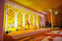 We transformed the space into a spiritual atmosphere flooded with Marigold at Mata ki Chowki Decor 2023, Hall Decor, Wedding Hall, Flower Garland