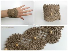 crocheted bracelets with buttons are shown in three different pictures, one is brown and the other is beige