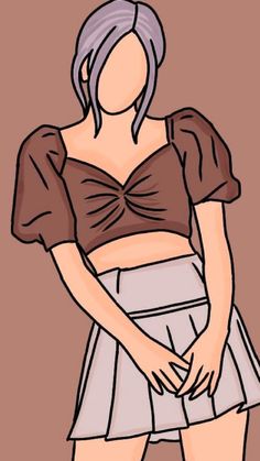 a drawing of a woman with short hair wearing a brown top and silver pleated skirt