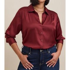 Perfect For Work, This Lightweight Top Brings The Polish While Still Staying Comfortable. Its Drapey Silhouette Looks Great Tucked In Or Out. Point Collar Long Sleeves Button Down Front Shirttail Hem Stretch Satin Woven Fabric 97% Polyester, 3% Spandex Machine Wash Cold. Line Dry Color: New Maroon New With Tag Size 1/1x 14-16 Measures Approximately 31 Inches From Shoulder Plus Size Women's Ladies' Satin Button Down Dress Shirt Fall Autumn Colours Winter Outfit Cdc Pairs Well With Leather Pants A Satin Button Down Dress, Oversized Blazers, Satin Button Up, Button Down Dress Shirt, Autumn Colours, Button Up Long Sleeve, Pants And Leggings, Lightweight Tops, Stretch Satin