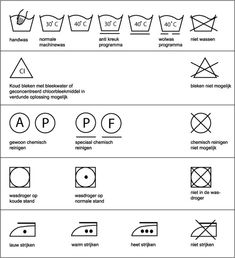 the symbols for washing clothes are shown in black and white