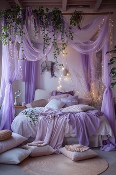 a bedroom decorated in lavender and white with lots of greenery hanging from the ceiling