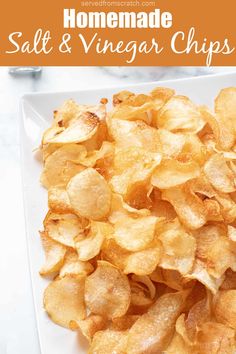 homemade salt and vinegar chips on a white plate with text overlay that reads homemade salt and vinegar chips